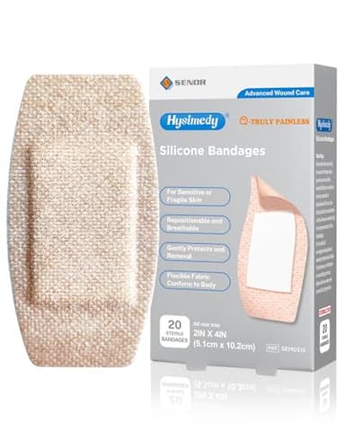 Hysimedy Silicone Adhesive Bandages Large Sizes for Sensitive Fragile Skin 2"x4" 20 Count Flexible Fabric Latex Free Hypoallergenic Breathable XL Bandages for Adhesive Allergy Wounds - Image 1