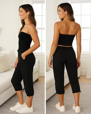 RBX Active Women's Cargo Capri Pant with Pockets Fashion Lightweight Woven with Drawstring Jet Black L - Image 3
