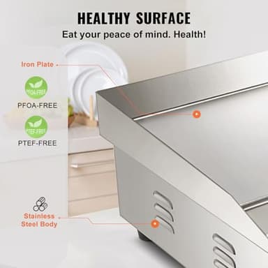 VEVOR Commercial Electric Griddle, 22", 1600W Countertop Flat Top Griddle, Stainless Steel Teppanyaki Grill w/Iron Cooking Plate, 122-572℉ Adjustable Temp Control 2 Shovels & Brushes, 110V - Image 5