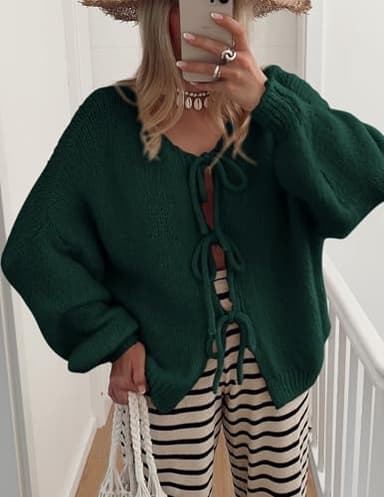 PRETTYGARDEN Women's Tie Front Bow Cardigan Sweaters Chunky Knit Long Puff Sleeve Trendy Fall Winter Jacket Coats (Dark Green,Medium) - Image 7