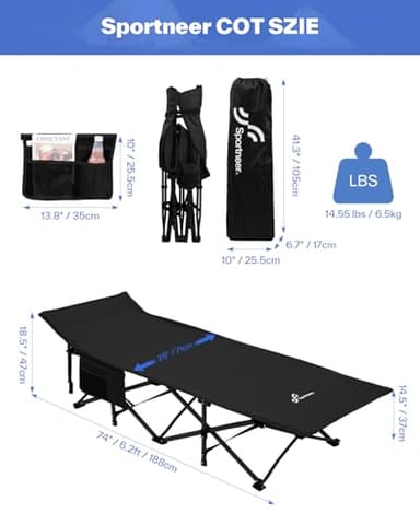 Sportneer Camping Cot: 1200D Double Layer Oxford Foldable Camping Cots for Adults - Heavy Duty Cots for Camping Travel Tent Day Outdoor & Home Guest, Camping Cots with Carry Bag & 2 Side Pockets - Image 3