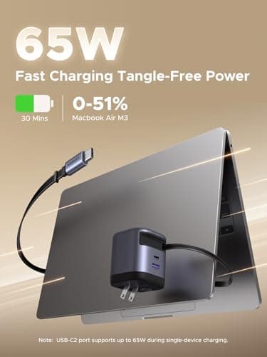 UGREEN Nexode 65W GaN USB C Retractable Charger with Built-in Cable, 2-Port Fast Charging Wall Adapter for iPhone 17/16/15, Galaxy S25/S24, Pixel 10/9/8, MacBook Pro/Air, iPad, AirPods - Image 2