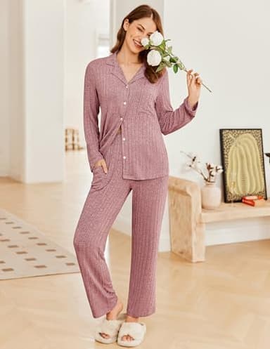 Ekouaer Womens Ribbed Knit Pajama Sets 2 Piece Lounge Set Long Sleeve Button Down Pjs Sleepwear Set with Pockets Pink XX-Large - Image 2