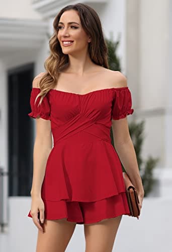 Fixmatti Ladies Boat Neck Tie Back Chiffon Rompers Off Shoulder Ruffle Short Sleeve High Waist Short Jumpsuits Red XL - Image 6
