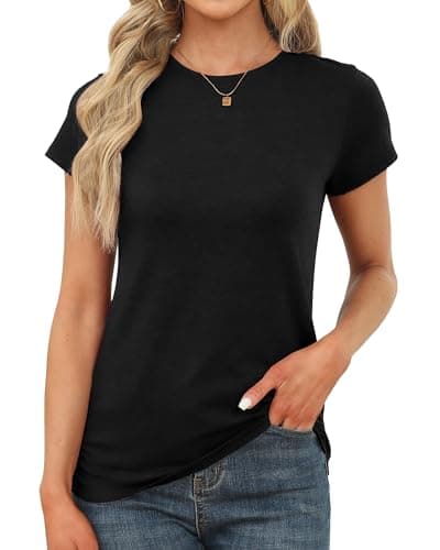 Memorose Womens Short Sleeve Tops Summer T Shirts Round Neck Fashion Causal Basic Tee Black L - Image 1