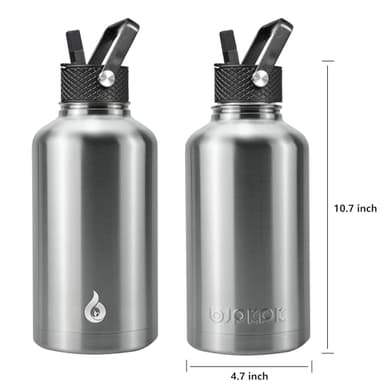 BJPKPK Half Gallon Insulated Water Bottles with Straw Lid, 64oz Large Water Jug, Stainless Steel Bottles with 3 Lids and Paracord Handle, Thermo for Hot & Cold Liquid, Stainless Steel - Image 2