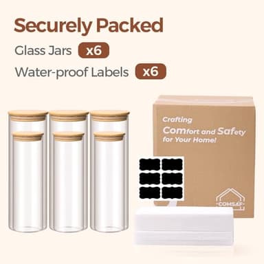 ComSaf Glass Food Storage Jars Set of 6, Tall Glass Storage Containers with Lids, Spaghetti Jar, Canisters Set for the kitchen, Pasta, Flour, Nuts, Oat, Coffee and Sugar Container, Pantry Organization - Image 8