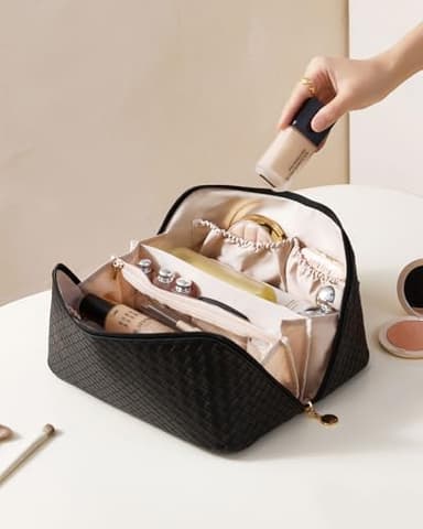 EACHY Travel Makeup Bag, Large Capacity Cosmetic Bags for Women, Waterproof Portable Open Flat Toiletry Bag Make up Bag with Divider and Handle (LB-Black, Large) - Image 7