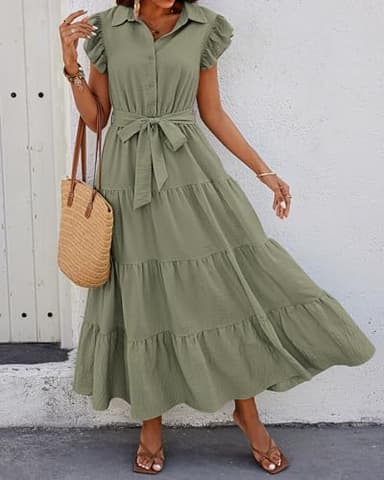 dowerme Women's Summer Casual Dresses 2025 Cap Ruffle Sleeve V Neck Button Belted Tiered Boho Maxi Dress with Pockets(Grey Green,Medium) - Image 3