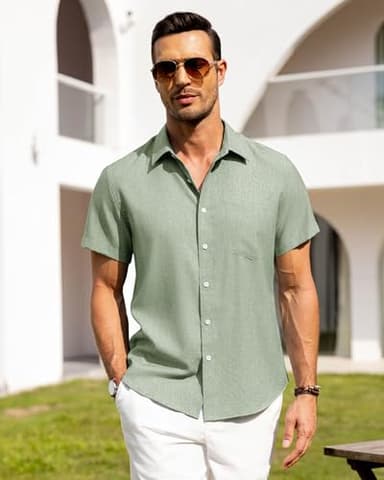 Alimens & Gentle Mens Linen Shirts Short Sleeve Button Down Shirts Wrinkle Free Casual Vacation Beach Summer Tops,Mint Green,L - Image 3
