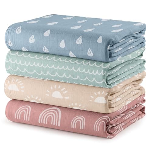 Comfy Cubs Muslin Swaddle Blankets Pack of 4, 47 x 47 Inches, Soft Cotton Baby Blanket Set, Large Multipurpose Swaddling Wraps for Newborns - Self-Soothing Swaddle - Sun, Rainbow, Rain, Doodle - Image 1