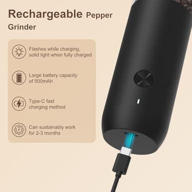 Ultrean Pepper Grinder, Rechargeable Salt and Pepper Grinder with 6 Adjustable Coarseness, LED Light, One-Hand Automatic Operation, Black - Image 4