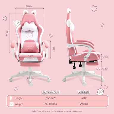 Dowinx Gaming Chair Cute with Cat Ears and Massage Lumbar Support, Ergonomic Computer Chair for Girl with Footrest and Headrest, Comfortable Reclining Game Chair 290lbs for Adult, Teen, Pink - Image 2