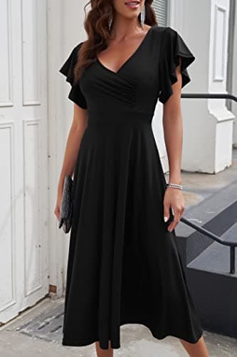 PRETTYGARDEN Summer Midi Dress 2025 Spring Ruffle Sleeve V Neck Cocktail Wedding Guest A Line Fit and Flared Dresses (Black,Small) - Image 6