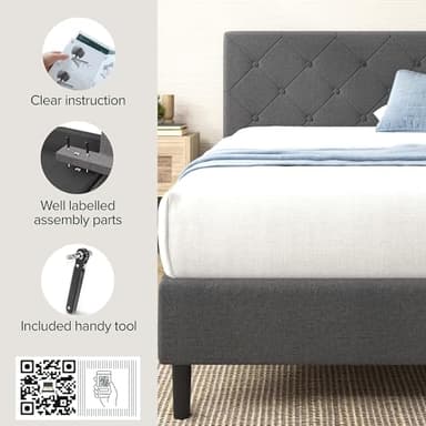 ZINUS King Shalini Upholstered Platform Bed Frame with Headboard [New WonderBox(TM) Version], Wooden Slat Support, No Box Spring Needed, Easy Assembly, Eco Friendly Packaging, Dark Grey - Image 4