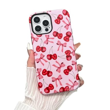 branple Compatible with iPhone 15 Pro Max Case, Cute Pink Cherry Bow Pattern with Shockproof Slim Soft TPU and Hard PC Protective Cover for Women Designed for iPhone 15 Pro Max Case, Glossy - Image 1