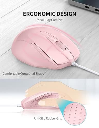 TECKNET Wired Mouse, 6-Button Corded with 4 Adjustable DPI, Optical Ergonomic Design, 5FT Cord for Laptop, Chromebook, PC, Desktop, Mac, Notebook - Pink - Image 3