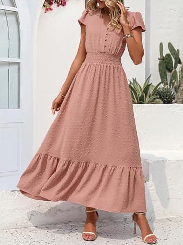 PRETTYGARDEN Women Summer Boho Maxi Dress Short Sleeve Swiss Dot Flowy Long Dresses V Neck Smocked Waist Beach Party Sundress(Pink, Small) - Image 3