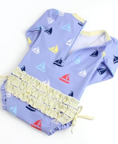 RuffleButts Baby Girls UPF 50+ Sun Protection Novelty Print Long Sleeve One Piece Rash Guard Swimsuit with Zipper - Down by The Bay, 6-12m - Image 5