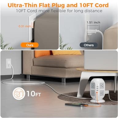 TESSAN Tower Surge Protector Power Strip 10 ft, Long Flat Extension Cord with Multiple Outlets, 8 AC Outlets with 4 USB Ports (1 USB C), Charging Station with Surge Protection, for Home Office Dorm - Image 2