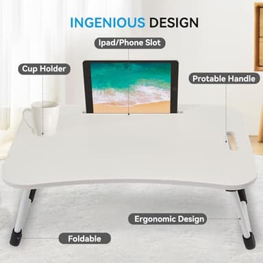 BUYIFY Folding Lap Desk, 23 Inch Portable Wood White Laptop Bed Desk Lap Desk with Cup Holder, for Working Reading Writing, Eating, Watching Movies for Bed Sofa Couch Floor - Image 4