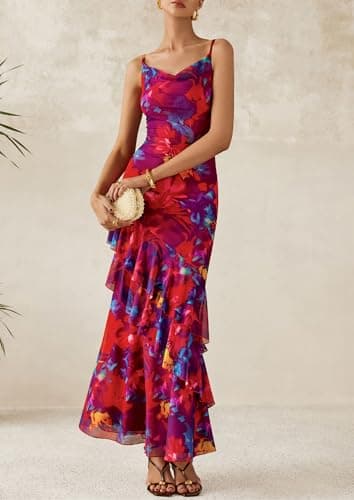 PRETTYGARDEN Maxi Dresses for Women 2025 Summer Tiered Floral Beach Sundress Spaghetti Strap Wedding Guest Long Dress (Navy Red Big Floral,Small) - Image 7