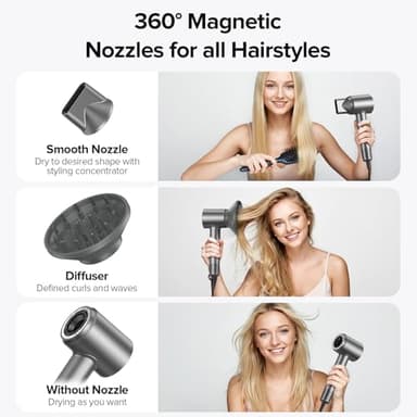 Hair Dryer, 150000 RPM Brushless Motor with 500M Negative Ions, Fast-Dry Lightweight Design, ThermoControl & Magnetic Nozzle/Diffuser, Low Noise Salon Blow Dryer for All Hair, Travel, Home - Image 4