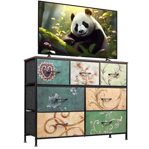 WLIVE 7 Drawer Dresser TV Stand, Entertainment Center, Media Console Table with Metal Frame and Wood Top for TV up to 45 inch, Chest of Drawers for Bedroom, Living Room, Floral Painted - Image 1