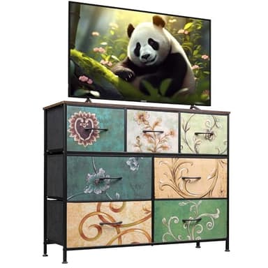 WLIVE 7 Drawer Dresser TV Stand, Entertainment Center, Media Console Table with Metal Frame and Wood Top for TV up to 45 inch, Chest of Drawers for Bedroom, Living Room, Floral Painted - Image 1