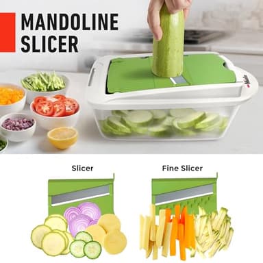 Mueller Pro-Series 10-in-1, 8 Blade Vegetable Chopper, Onion Mincer, Cutter, Dicer, Egg Slicer with Container, French Fry Cutter Potato Slicer, Home Essentials, Salad Chopper White Sand/Green - Image 5