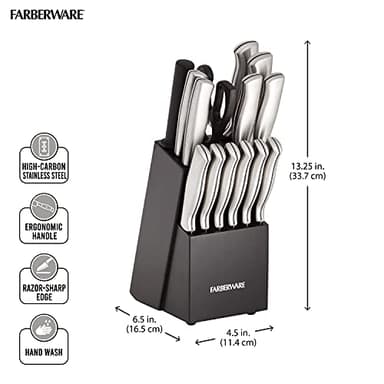 FARBERWARE 15-Piece Kitchen Knife Set with High-Carbon Stainless Steel Blades, Black Handles, Steak Knives, Wood Block, Razor Sharp and Ergonomic - Image 2