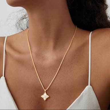 Fettero Gold Clover Necklace for Women Dainty 14K Gold Plated CZ Pendant Necklace Charm Colorful Clover Pendant Lucky Necklaces for Women Jewelry - White Mother of Pearl - Image 3