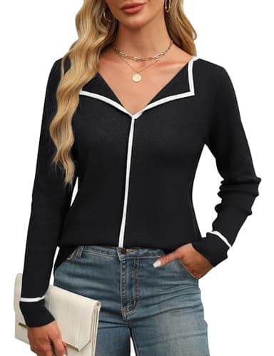BMJL Women's V Neck Sweater Fall Dressy Casual Tops Long Sleeve Pullover Knit Collared Business Work Shirts(S,Black) - Image 1