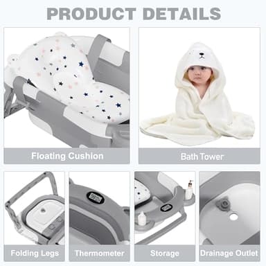 MoreFeel Collapsible Baby Bathtub for Newborn with Thermometer & 1 Hooded Towel & 1 Soft Floating Cushion,Portable Travel Bathtub with Drain Hole, Durable Foldable Baby Tubs for Infants to Toddler - Image 4