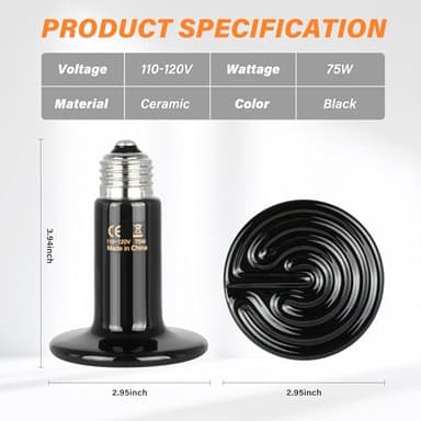HealSmart Reptile Heat Lamp 75W 2-Pack Ceramic Heat Emitter, No Light Emitting Heat Bulbs for Amphibian Pet Brooder Coop Incubating Chicken, Lizard Bearded Dragon Turtle Snake Terrarium, Black - Image 3