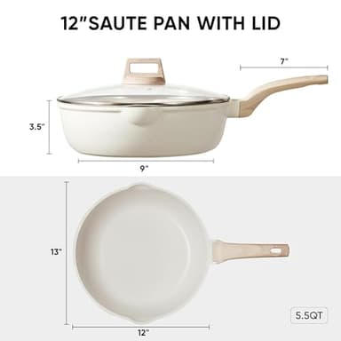 CAROTE 12Inch Nonstick Deep Frying Pan with Lid, 5.5 Qt Jumbo Cooker Saute Pan with Pour Spout, Skillet Induction Cookware, Non Stick Cooking Pan Kitchen Pan PFOA Free, White Granite - Image 2