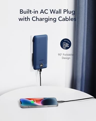 VEGER Portable Charger with Built-in AC Plug and Cables, All in One 10000mAh Ultra-Slim Power Bank, 15W Fast Charging for iPhone, Samsung, Android, Travel Essential (Navy) - Image 3