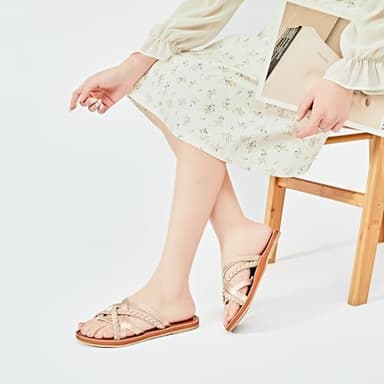 Veittes Women's Flat Slide Sandals - Casual Comfort Braided Multiple Criss Cross Braided Strap Slip-On Pinstripe Flat Summer Thong Sandals,Golden/MF,12 US,2307001 - Image 5