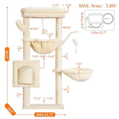 Heybly Cat Tree, 39.4 Inches Tower Condo with Scratching Post, Cat Tower for Indoor Cats, Fully Wrapped Sisal Pole, Soft Platform, 2 Baskets and Dangling Toy, Beige HCT006SM - Image 5
