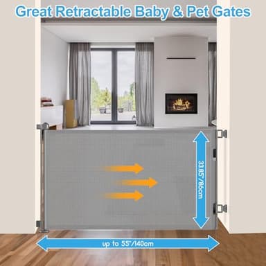 55 inch Retractable Baby Gates, EZIGO Extra Wide Baby Gate for Large Opening Extra Long Mesh Gate for Kids or Pet Dog Gate Child Safety Gate for Stairs Hallways Doorway Indoor Outdoor, Gray - Image 2