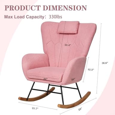 VECELO Rocking Chair Nursery with Thick Headrest, Modern Teddy Upholstered Reading Glider Rocker Accent Armchair with High Backrest, Padded Seat, Side Pocket, for LivingRoom, Bedroom, Baby Room, Pink - Image 2