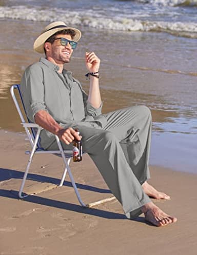 COOFANDY Men's 2 Piece Linen Sets Casual Long Sleeve Button Down Cuban Shirt and Loose Pants Set Beach Vacation Outfits - Image 3