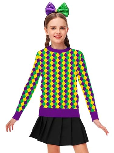 Remimi Kids Mardi Gras Sweatshirt Purple Green Yellow New Orleans Girls Long Sleeve Sweater Tricolor Lattice 7-8 Years - Image 4