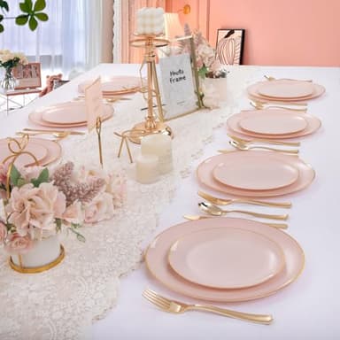 PULOTE 100PCS Pink Plastic Plates - Heavy Duty Pink and Gold Disposable Plates for Party, Wedding & Mother’s Day, Include 50 Dinner Plates and 50 Dessert Plates - Image 7