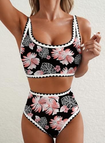 Herseas Women's Bikini Sets Floral Print Whip Stitch Two Piece Modest Swimsuits High Waisted Scoop Padded Black Bathing Suits X-Large - Image 4