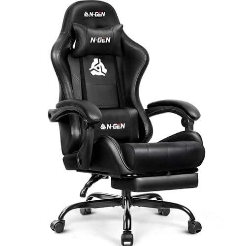 N-GEN GAMING Video Gaming Chair with Footrest Lumbar Support for Home Office High Back Recliner Height Adjustable Ergonomic Comfy Leather Computer Desk Chair (Black) - Image 1