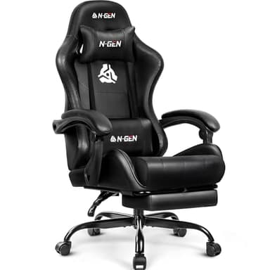 N-GEN GAMING Video Gaming Chair with Footrest Lumbar Support for Home Office High Back Recliner Height Adjustable Ergonomic Comfy Leather Computer Desk Chair (Black) - Image 1
