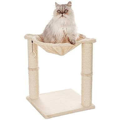 Amazon Basics Cat Condo Tower with Hammock Bed and Scratching Post,Easy to Assemble,Plush Hammock,Interactive Hanging Ball,Durable Sisal Scratch Posts for Indoor Cats, 15.8 x 15.8 x 19.7 Inches, Beige - Image 1