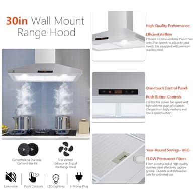 Range Hood 30 inch Wall Mount with 265 CFM,Ducted/Ductless Range Hood Stainless Steel with Touch Control 3 Speed Exhaust Fan, Adjustable Chimney & LED Light, Silver - Image 9