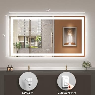 ODDSAN LED Mirror for Bathroom 55x30, Dimmable Lighted Vanity Mirror with Lights for Wall, Anti-Fog, Tempered Glass, ETL Listed (Backlit + Front Lights) - Image 2